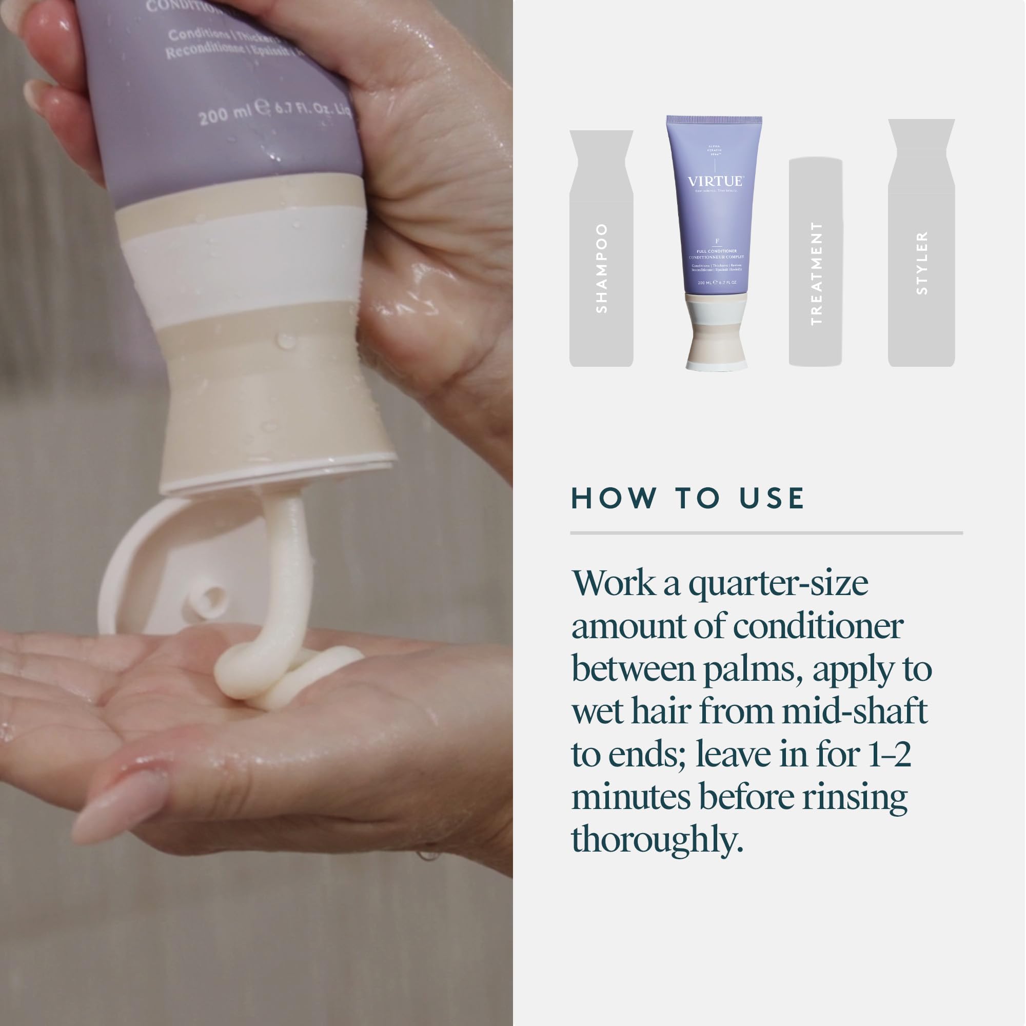 VIRTUE conditioner placed in bathroom with styling tools for styling readiness