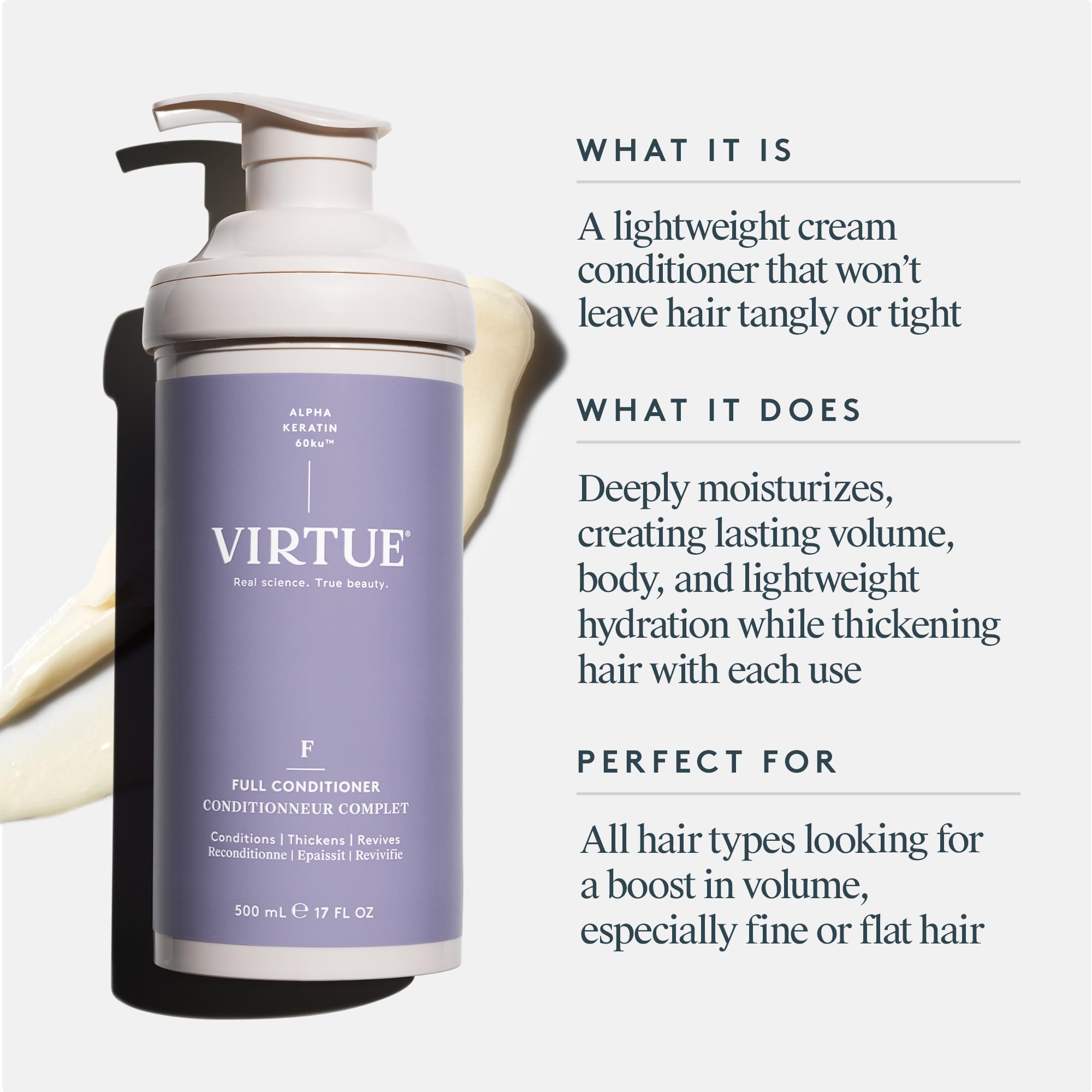 VIRTUE label and pump close-up highlighting application ease and control