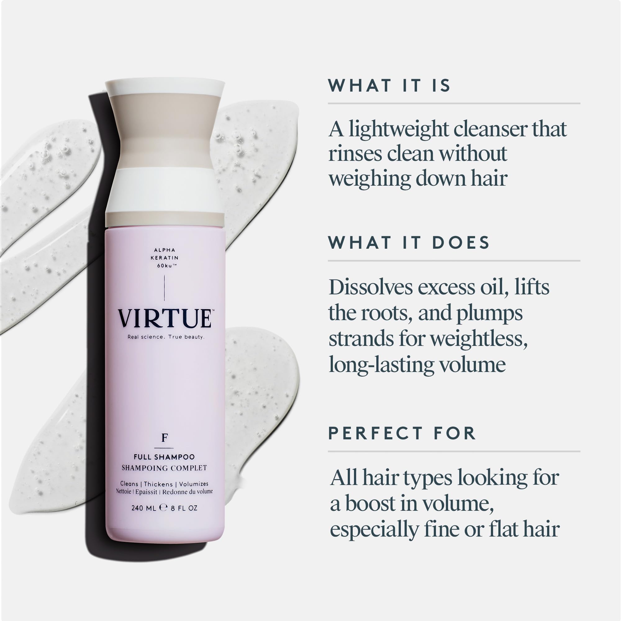 VIRTUE back label close-up listing gentle ingredients and benefits
