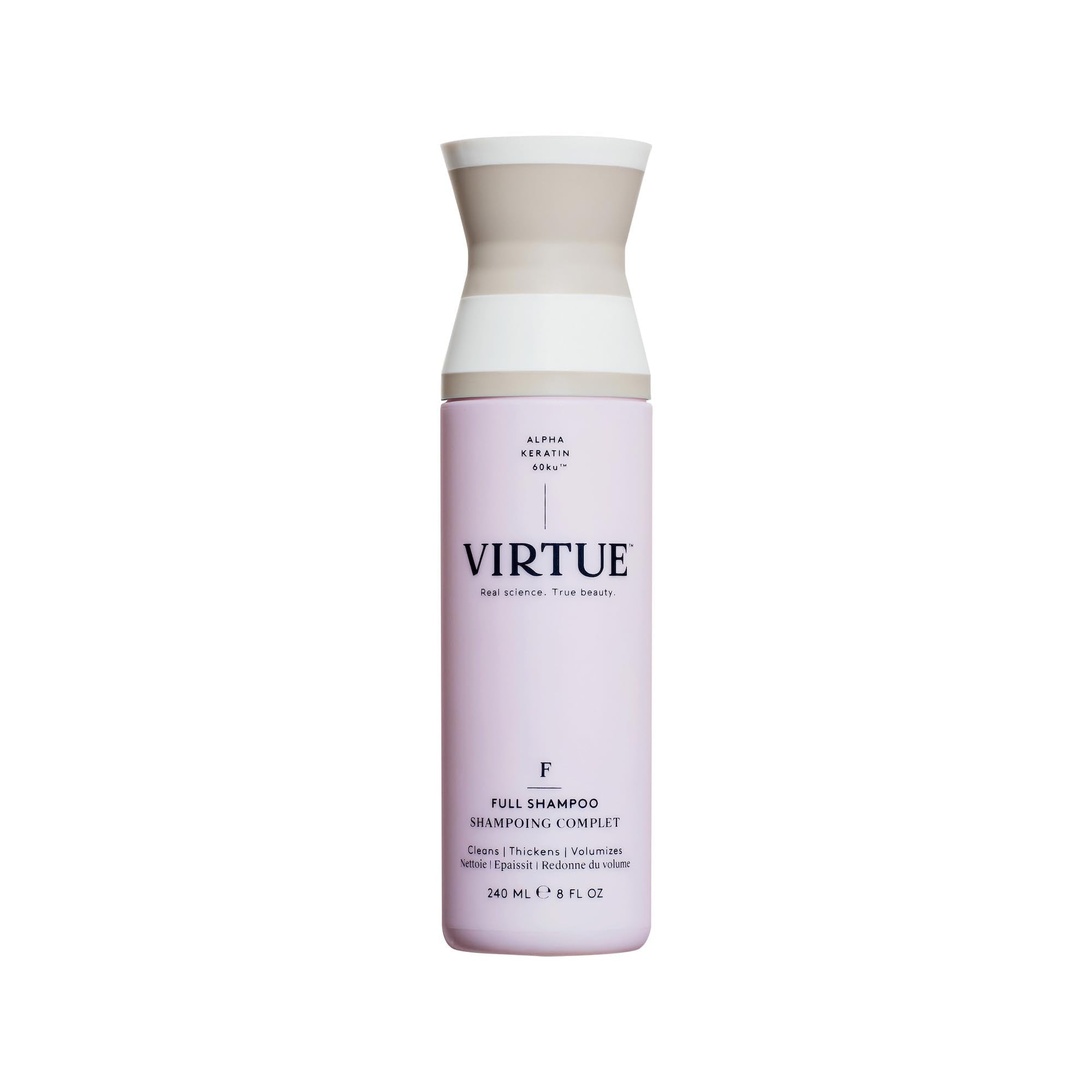VIRTUE front bottle showing label and volume benefits