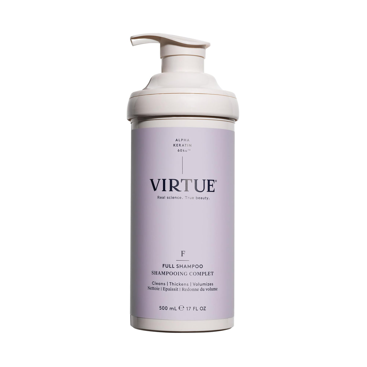 VIRTUE full shampoo front bottle showing clean design and size benefit