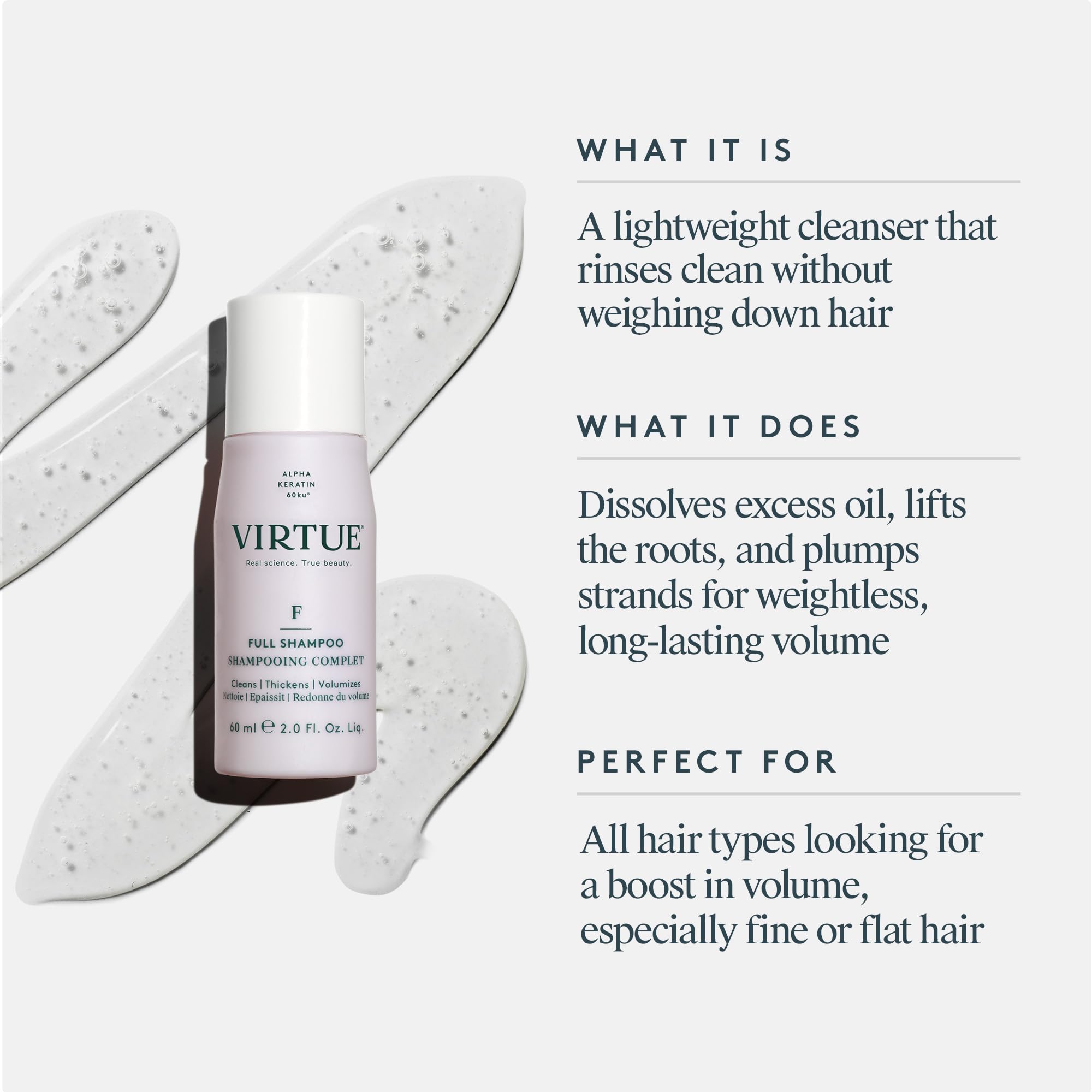 VIRTUE shampoo foam dispensed from pump demonstrating light lather benefit