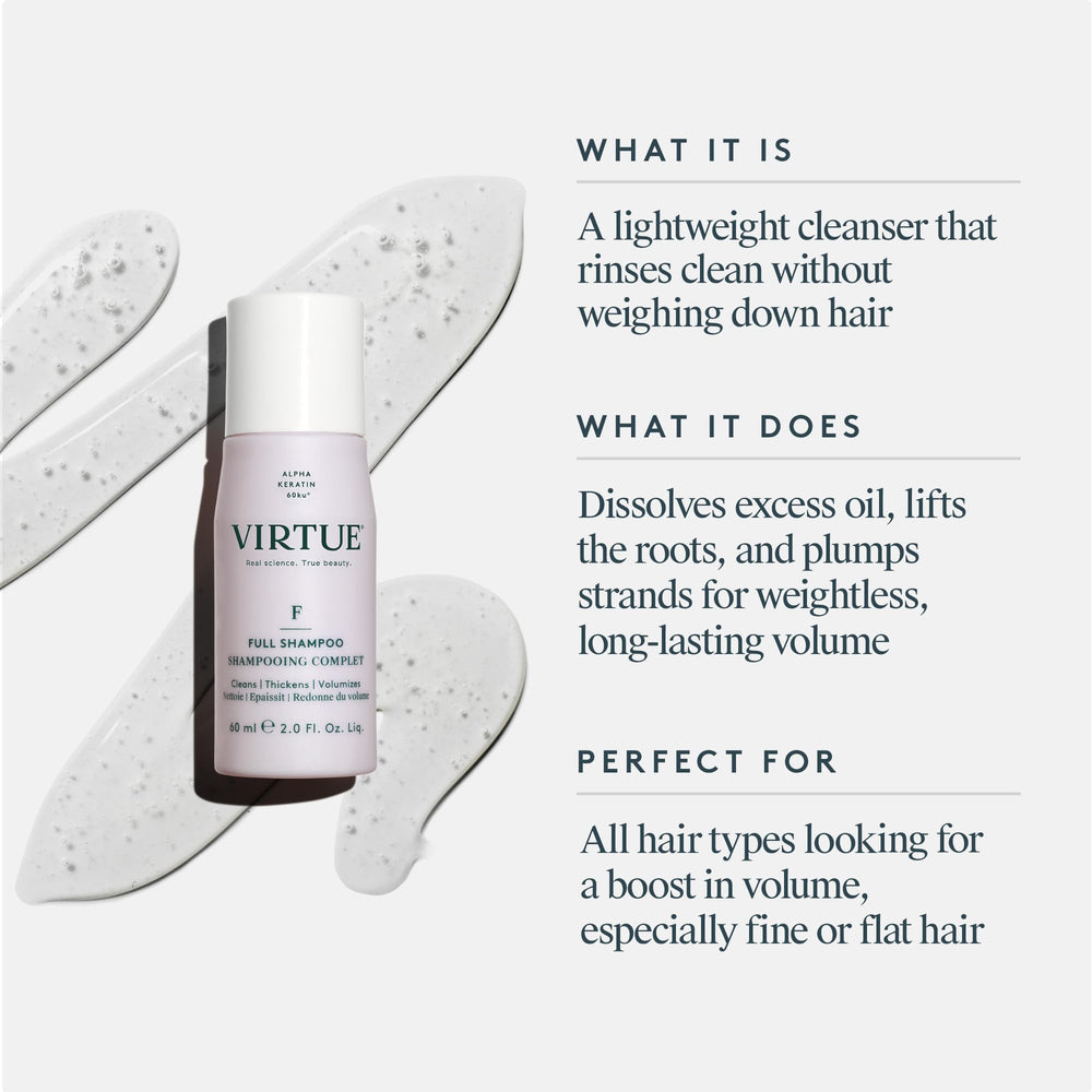 VIRTUE shampoo foam dispensed from pump demonstrating light lather benefit