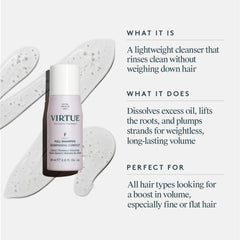 VIRTUE shampoo foam dispensed from pump demonstrating light lather benefit