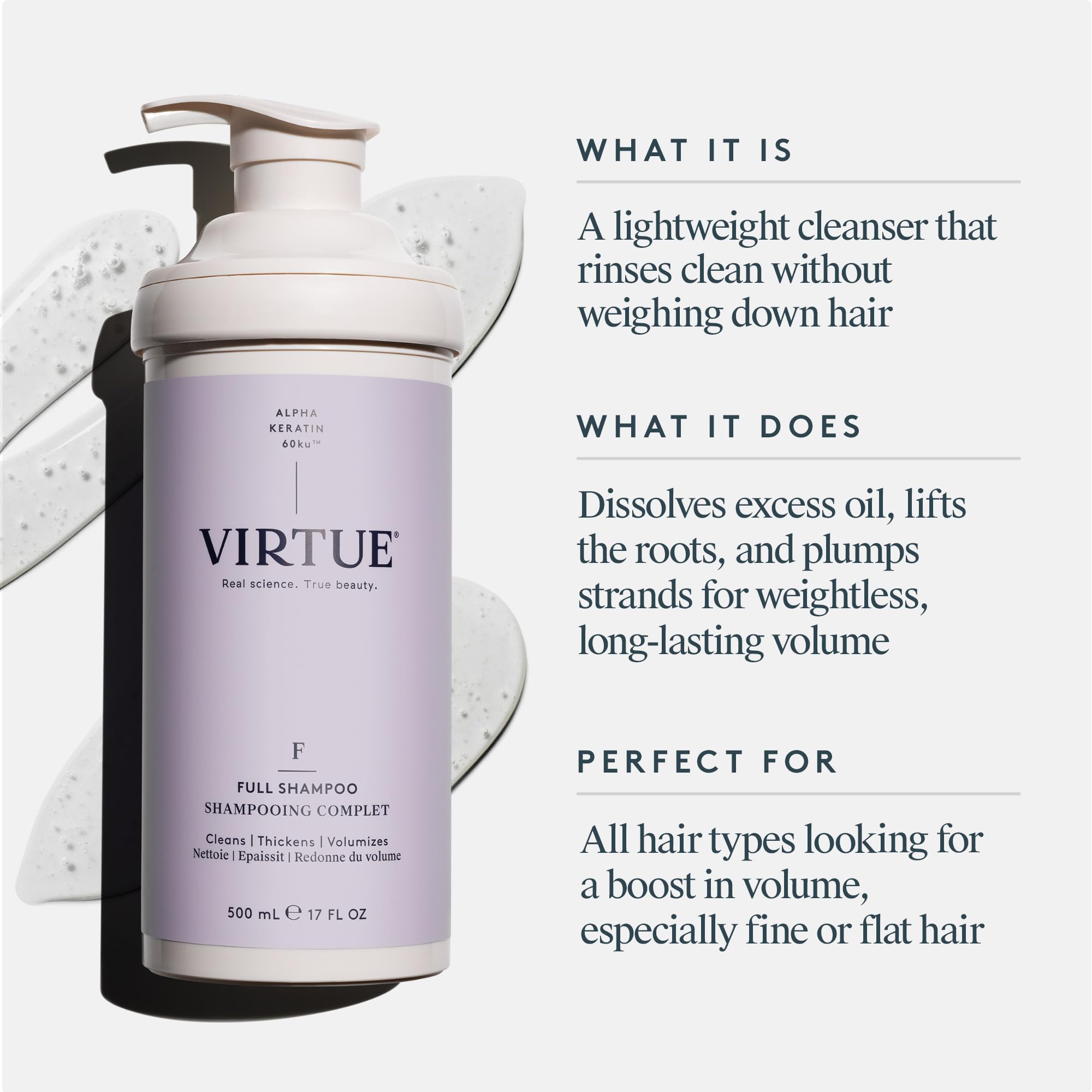 VIRTUE label close-up highlighting product name and ingredient focus benefit
