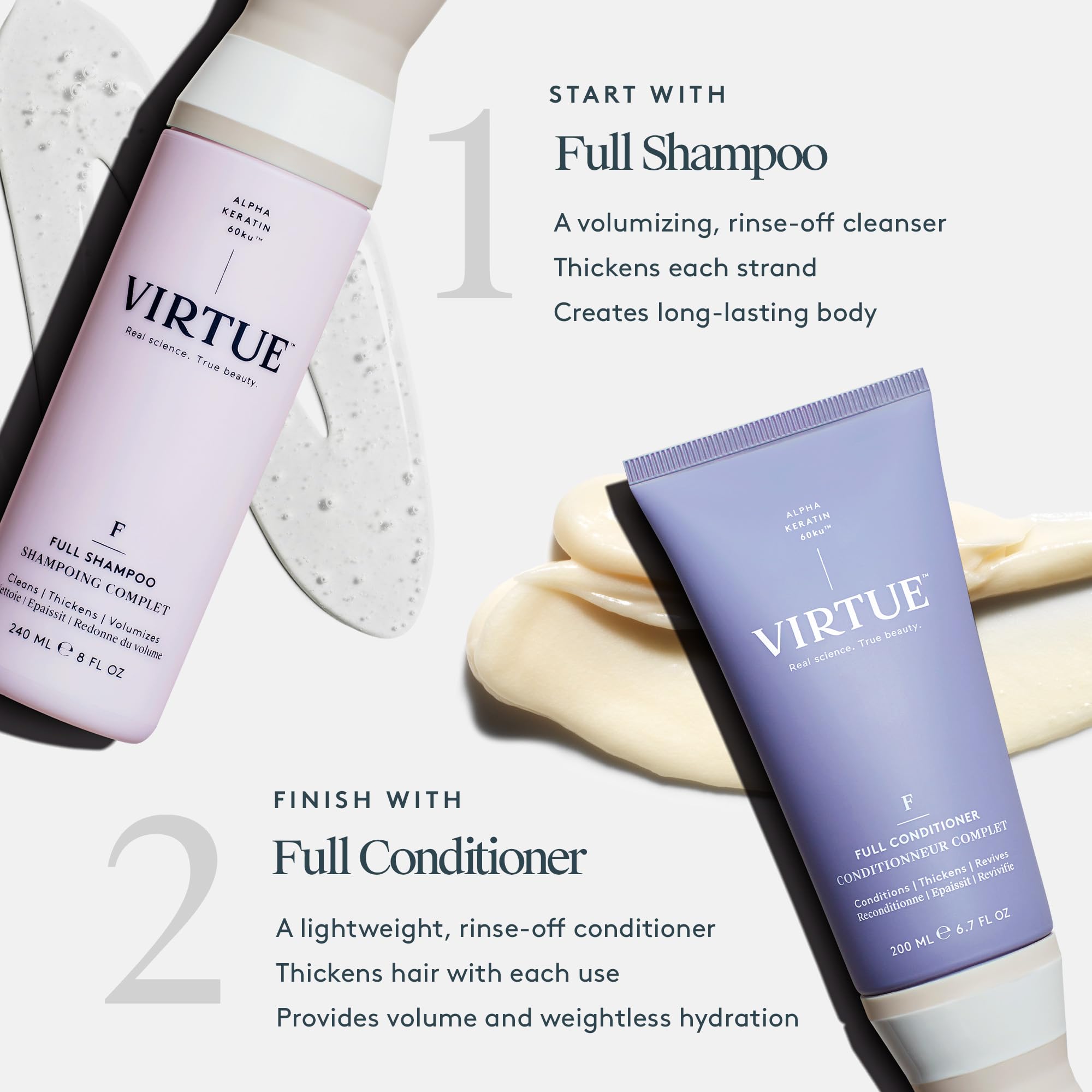 VIRTUE shampoo texture lather on palm showing airy foam and easy rinse