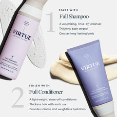 VIRTUE shampoo texture lather on palm showing airy foam and easy rinse
