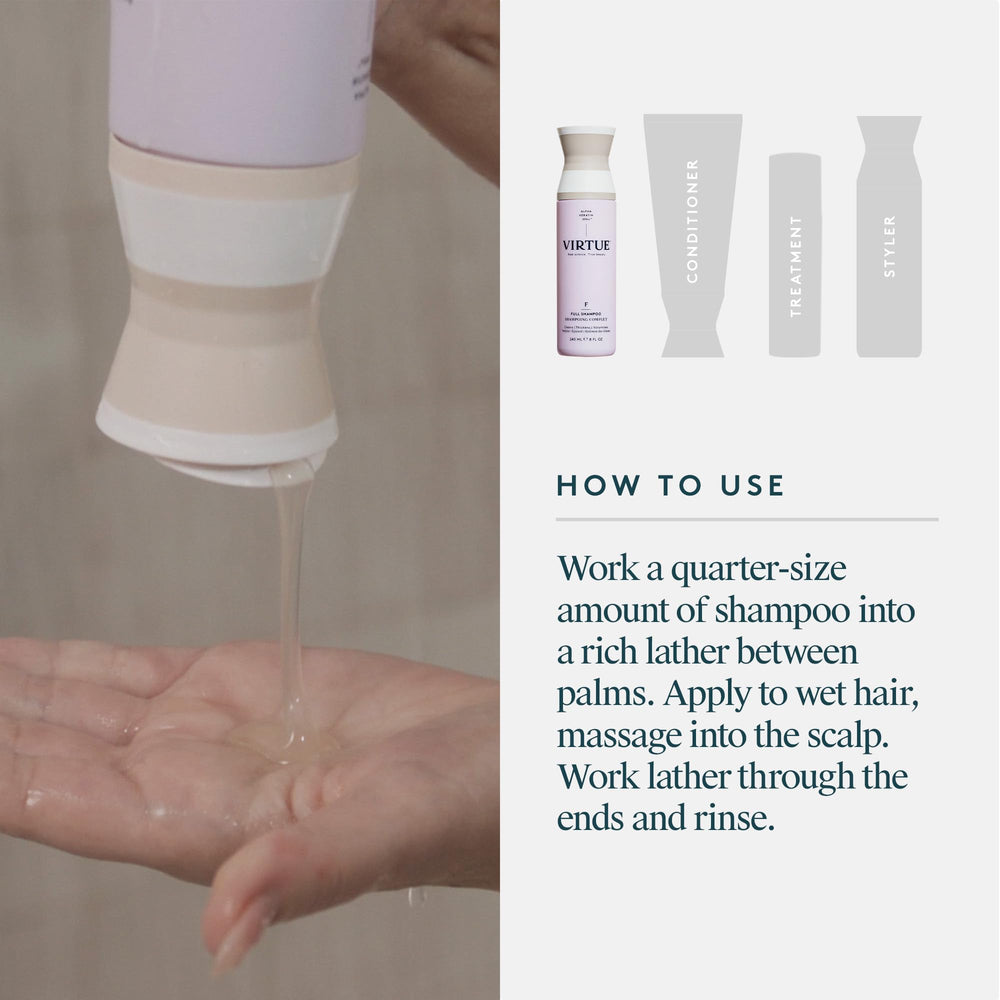 VIRTUE bottle beside styling tools showing salon-ready volume potential