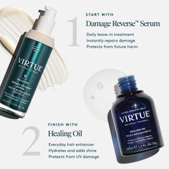 VIRTUE applying serum to damp hair for smoother styling and reduced frizz