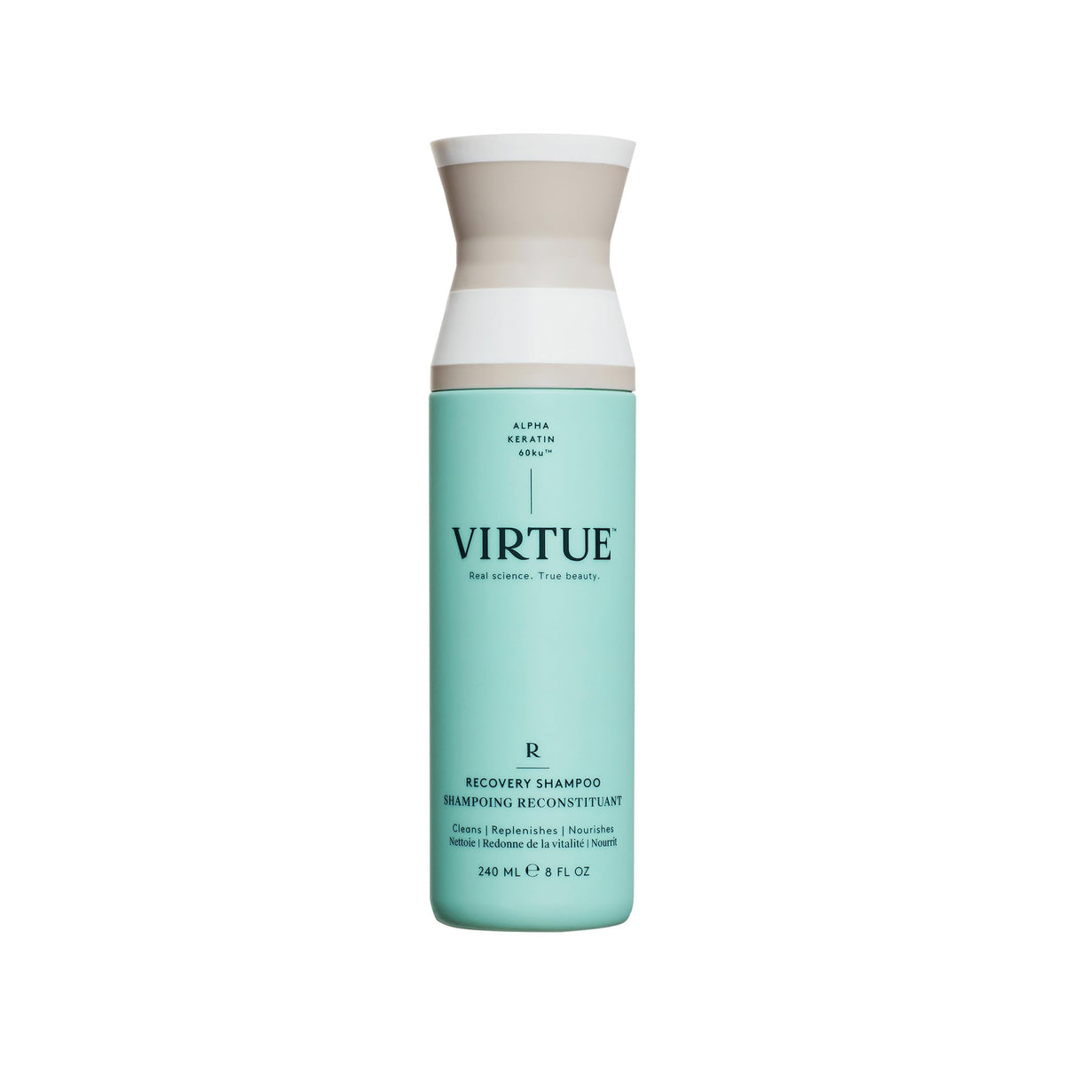 VIRTUE bottle front packaging showing label and size, promotes keratin repair