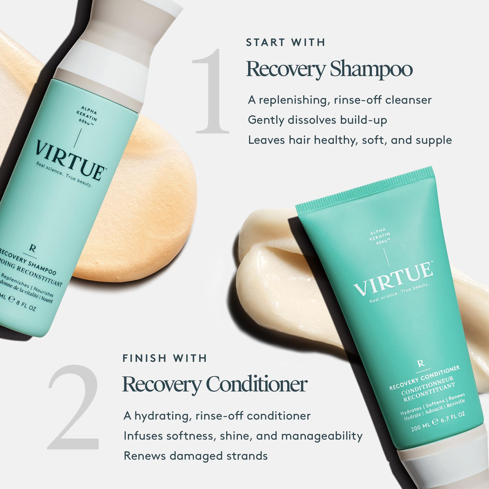 VIRTUE shampoo in shower hand applying to hair demonstrating easy use