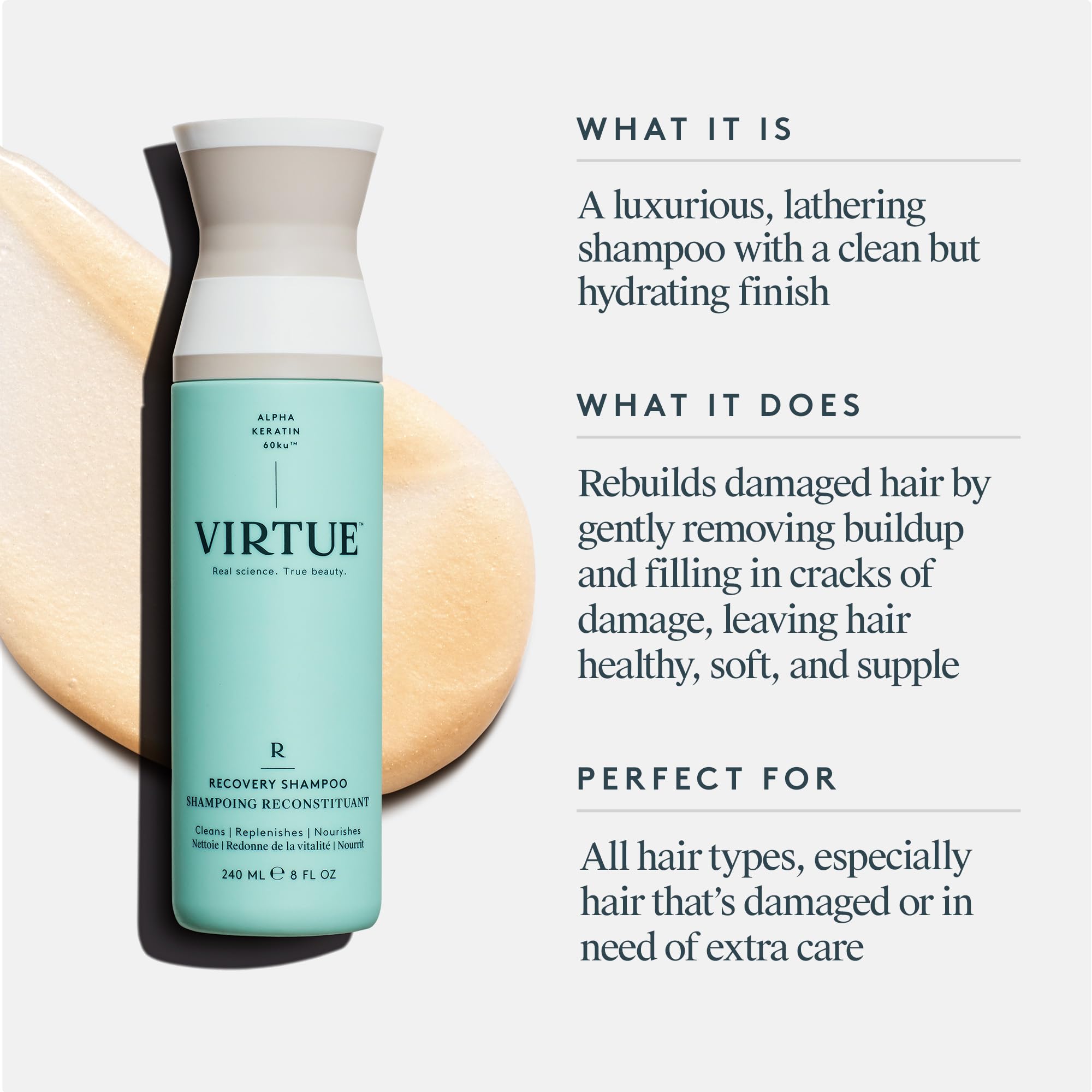 VIRTUE ingredient label close-up showing sulfate-free, clean formulation benefits