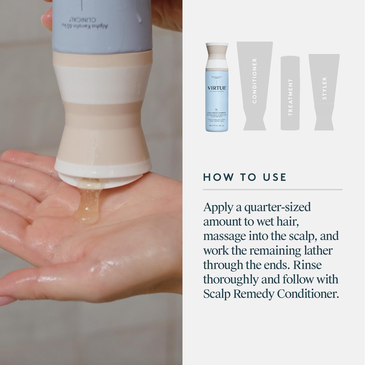VIRTUE hands applying shampoo to wet hair for soothing scalp care