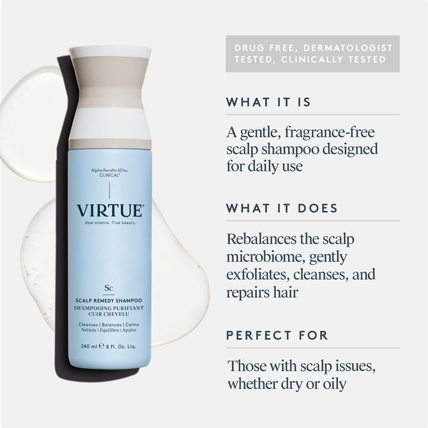 VIRTUE label close-up highlighting fragrance-free and drug-free benefit