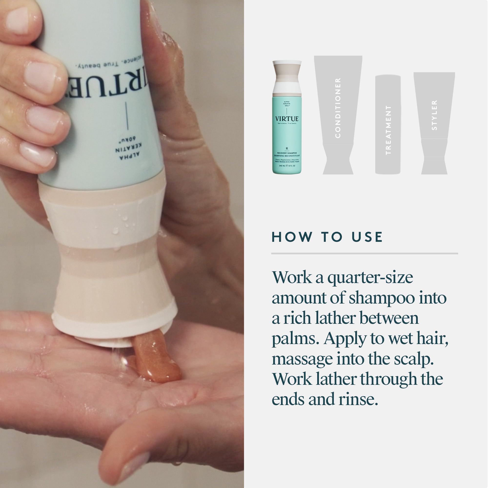 VIRTUE bottle next to hand for size and scale benefit