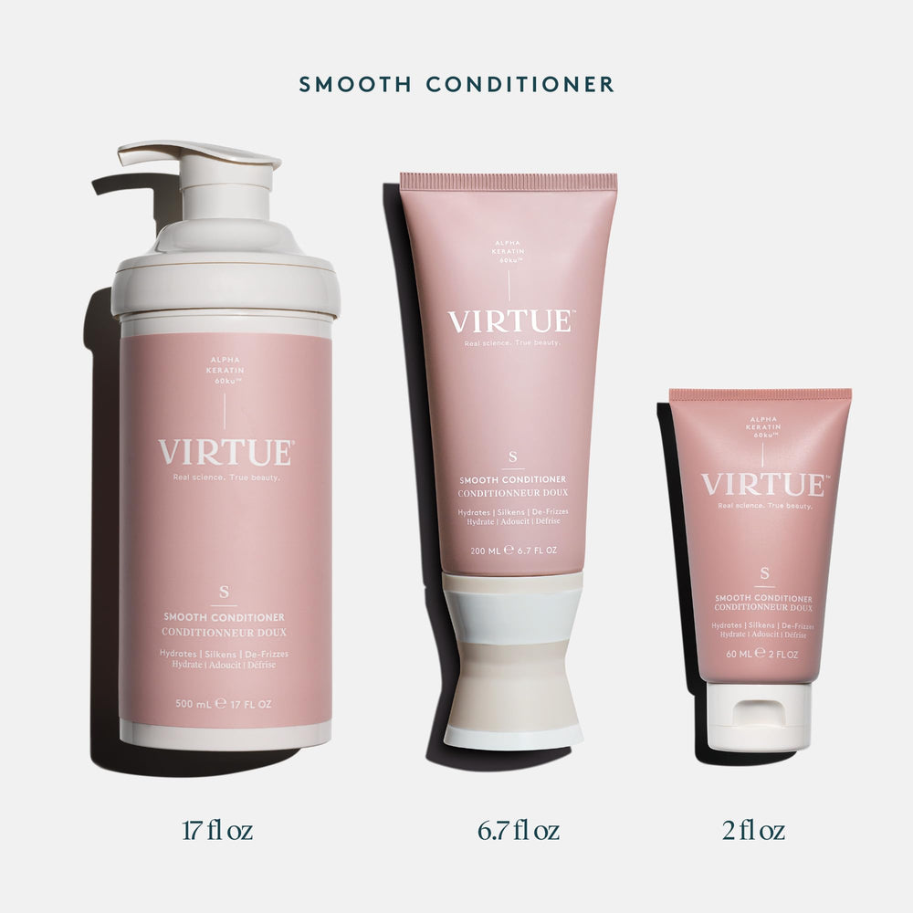 VIRTUE before and after on curly hair showing reduced frizz and shine