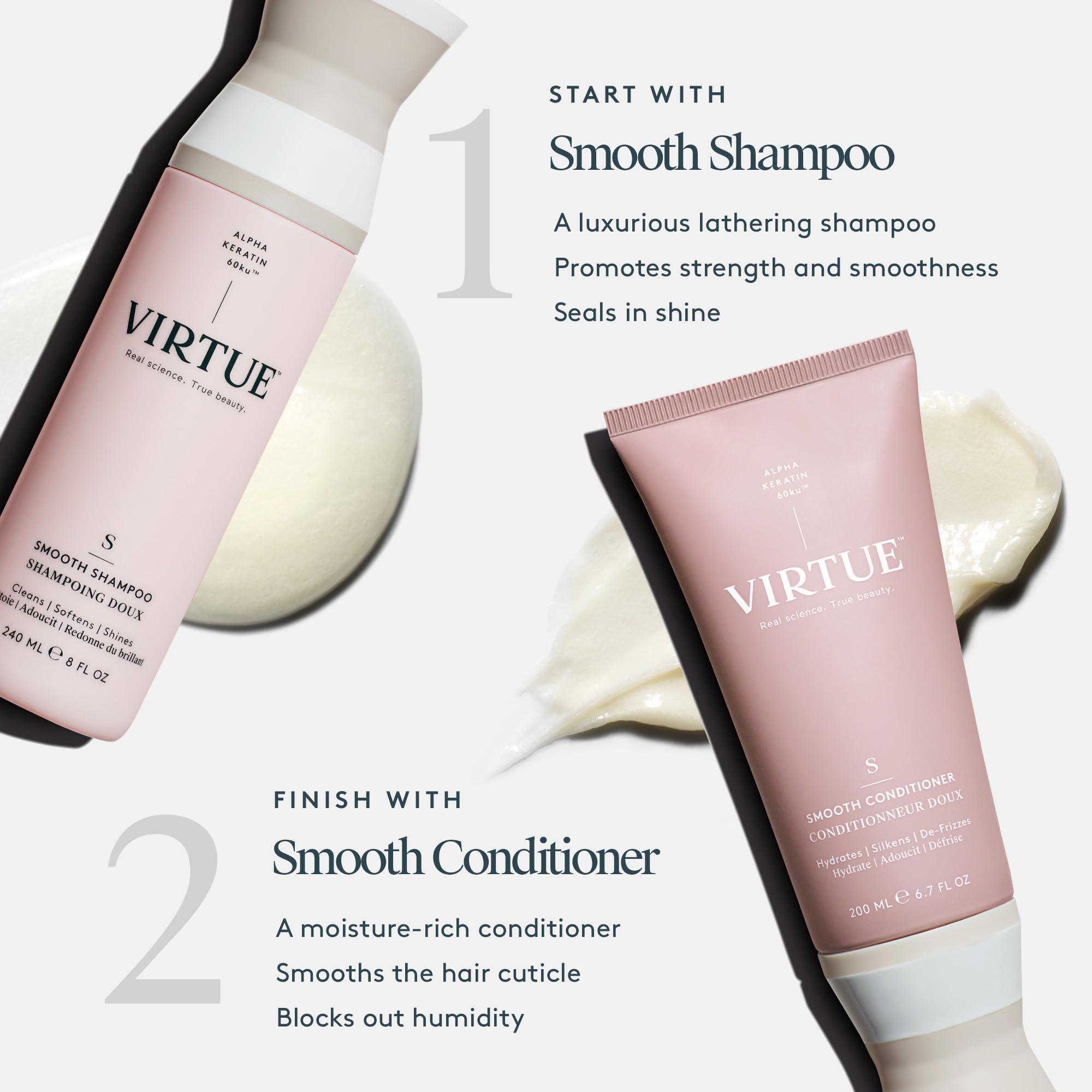 VIRTUE shampoo paired with Smooth Conditioner showing duo smoothing effect