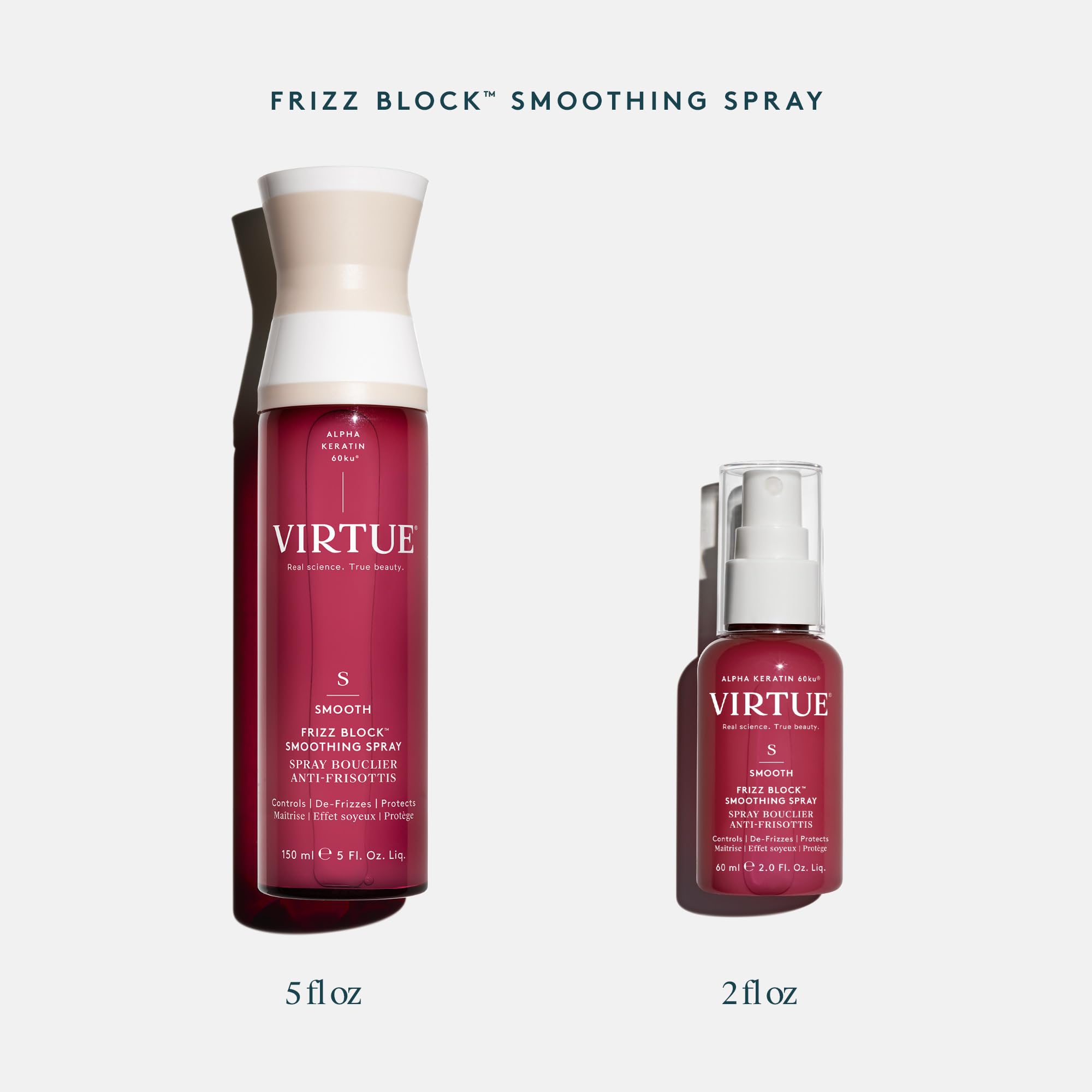 VIRTUE label close-up highlighting features like frizz control and UV protection