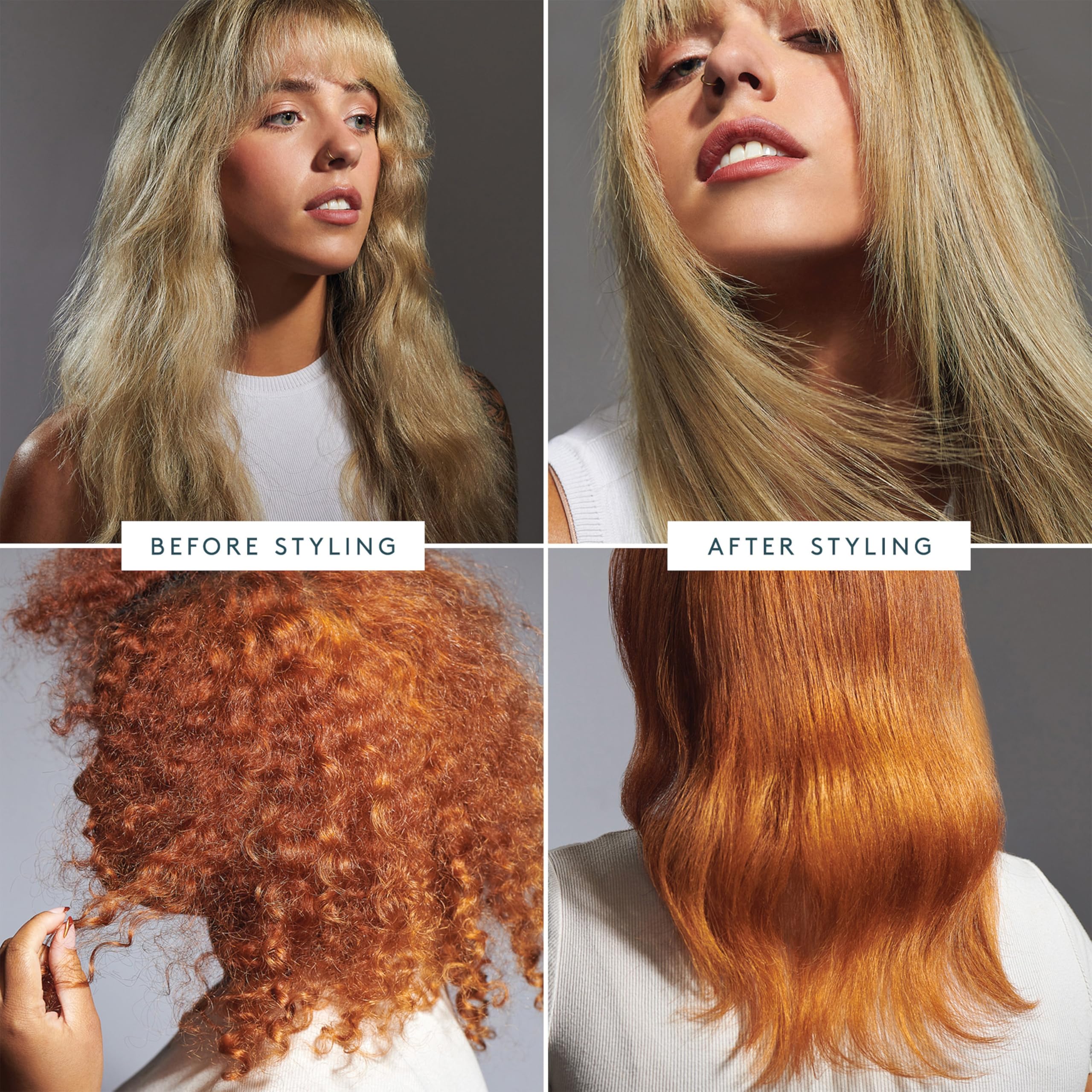 VIRTUE finished dry hair showing reduced frizz and soft, sleek texture