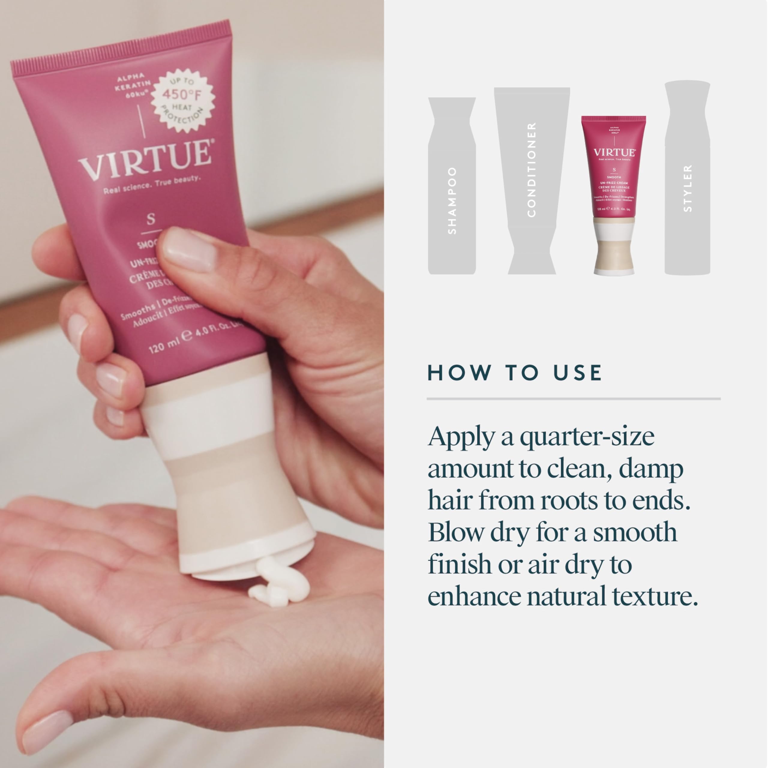 VIRTUE size comparison in hand illustrating travel-friendly 2 fl oz convenience