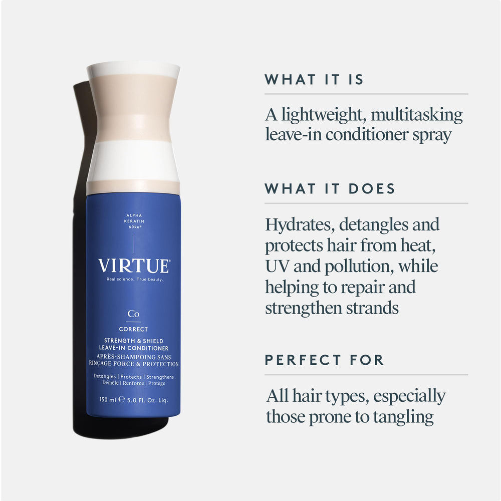 VIRTUE mist being sprayed from bottle for effortless detangling and shine