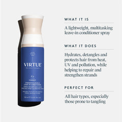 VIRTUE mist being sprayed from bottle for effortless detangling and shine