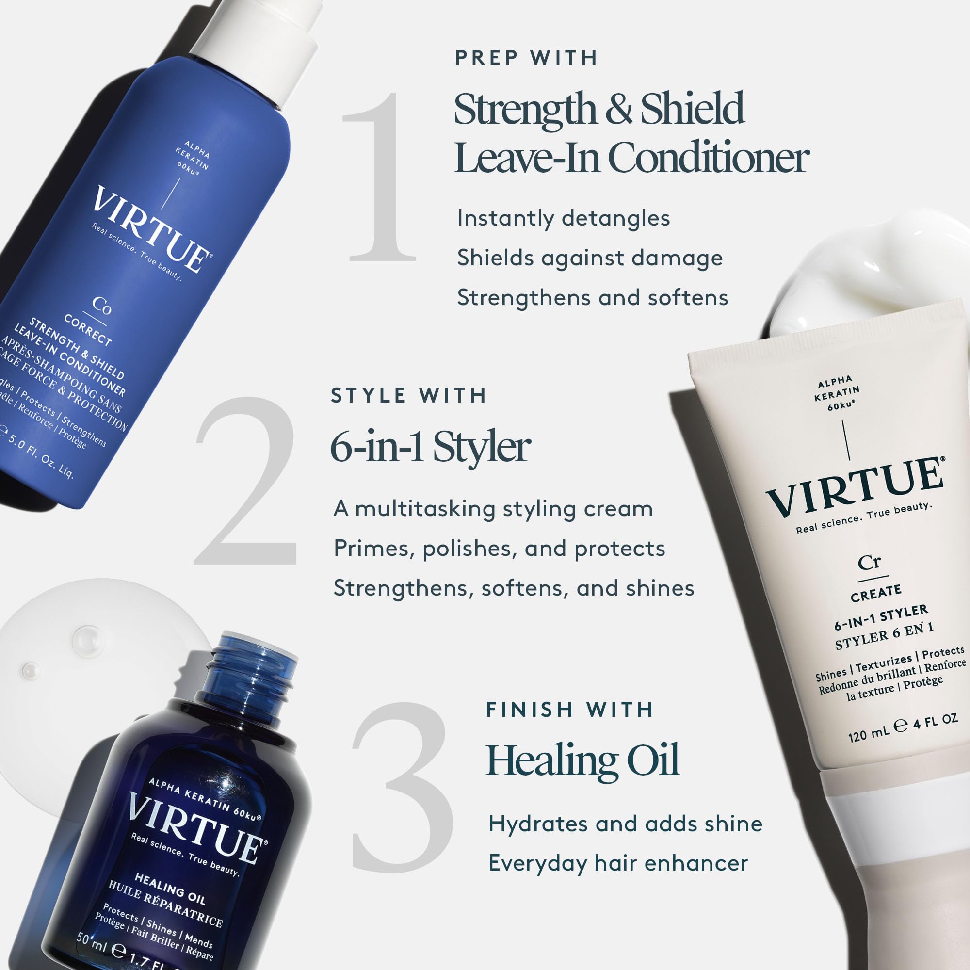 VIRTUE spray texture on hair demonstrating soft, non-greasy feel