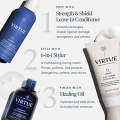 VIRTUE spray texture on hair demonstrating soft, non-greasy feel