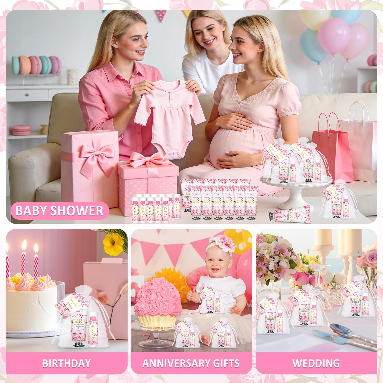 VISCOO table display at a baby shower showing cohesive styling and guest-ready favors benefit