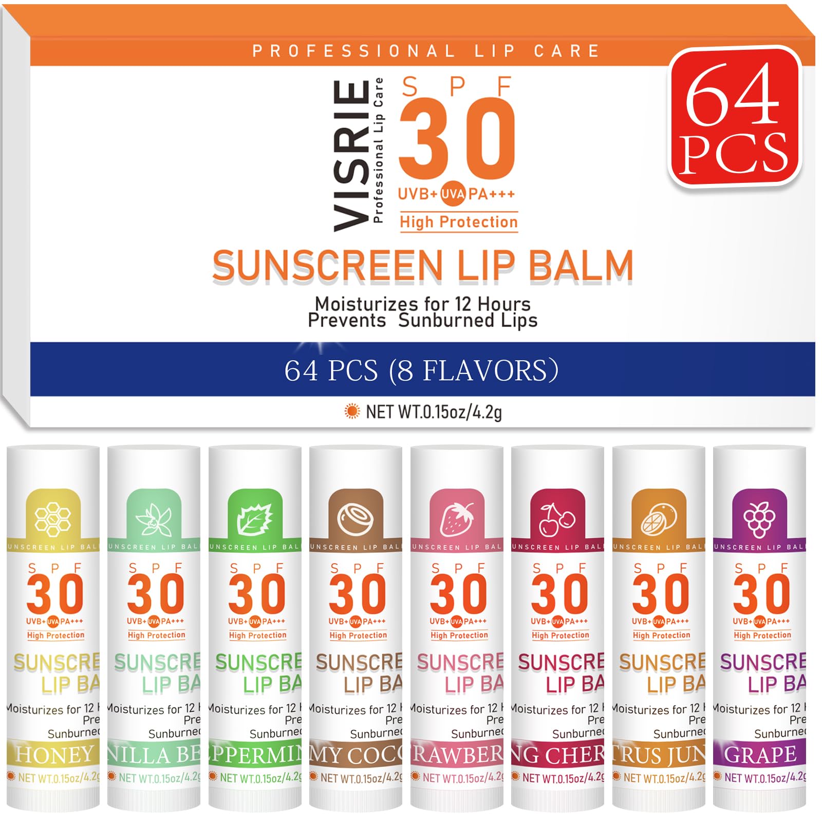 VISRIE front packaging showing full 64-pack and SPF 30 protection benefit