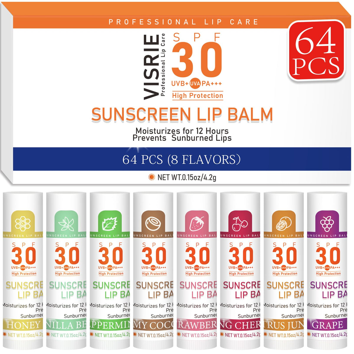 VISRIE front packaging showing full 64-pack and SPF 30 protection benefit