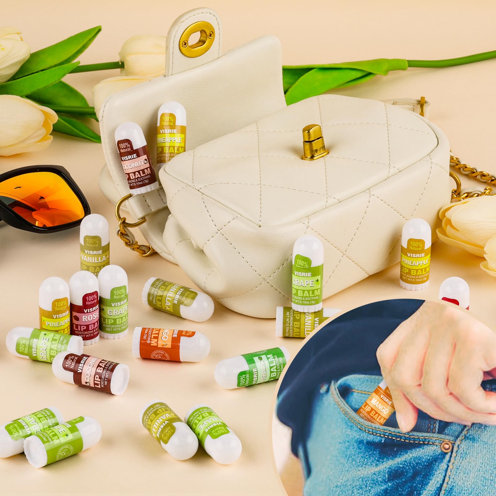 VISRIE mini lip balms arranged as party favors on gift table