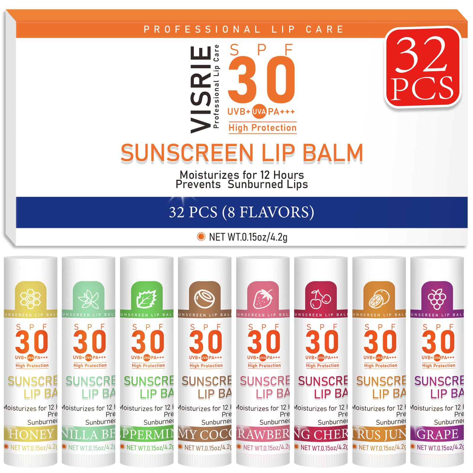 VISRIE front packaging showing 32 tubes and flavors, convenient sun protection