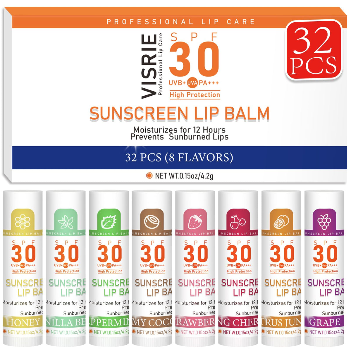 VISRIE front packaging showing 32 tubes and flavors, convenient sun protection