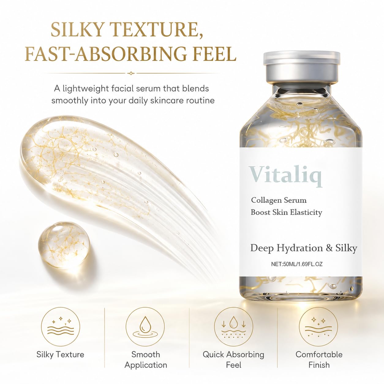 Vitailq Beauty silk-like serum texture demonstrating fast absorption