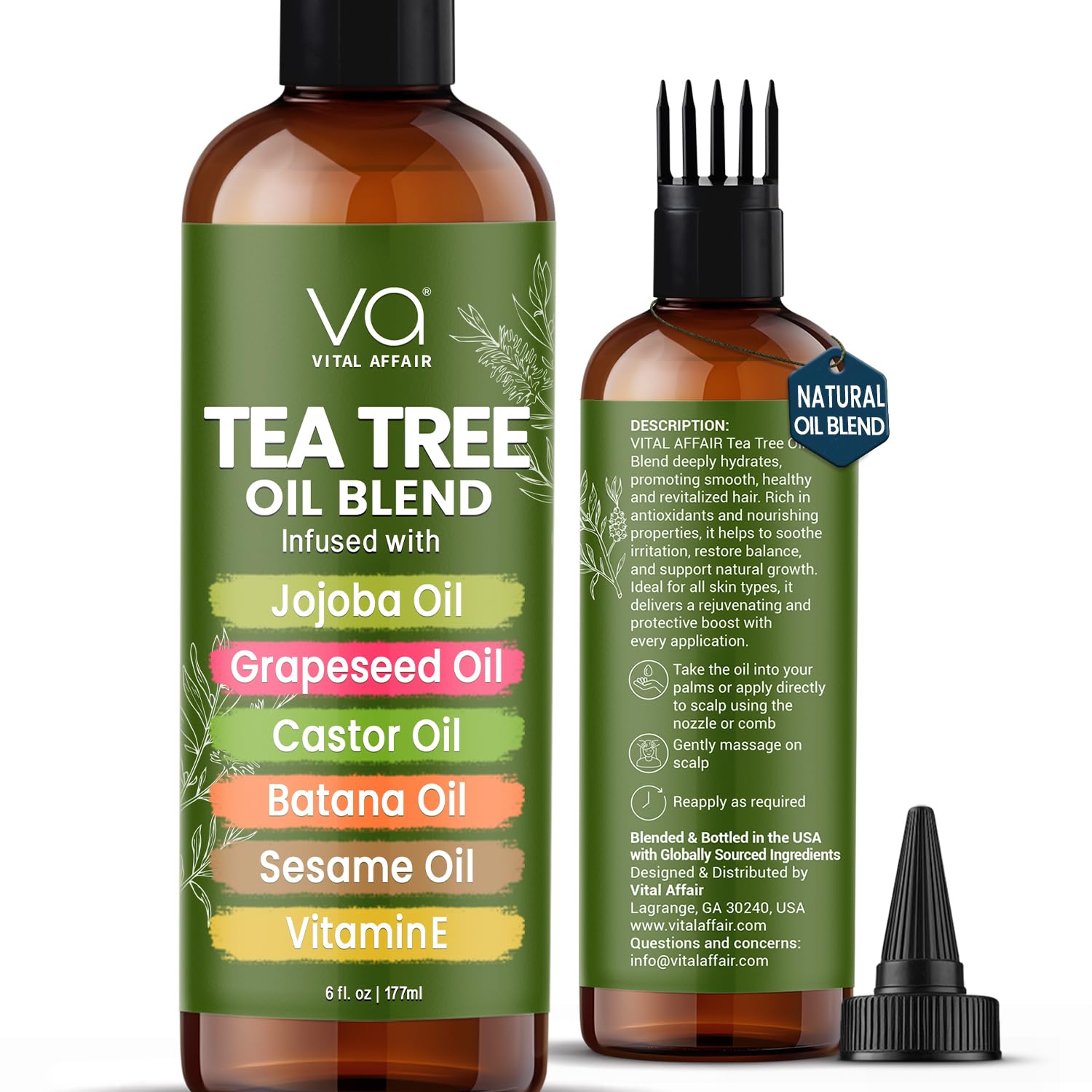 VITAL AFFAIR front bottle showing tea tree hair oil, clear packaging and product benefit