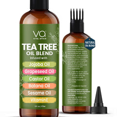 VITAL AFFAIR front bottle showing tea tree hair oil, clear packaging and product benefit