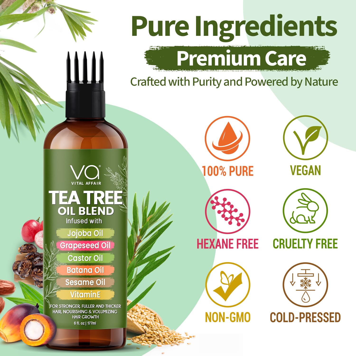 VITAL AFFAIR botanical ingredients array displaying jojoba, castor, batana benefits