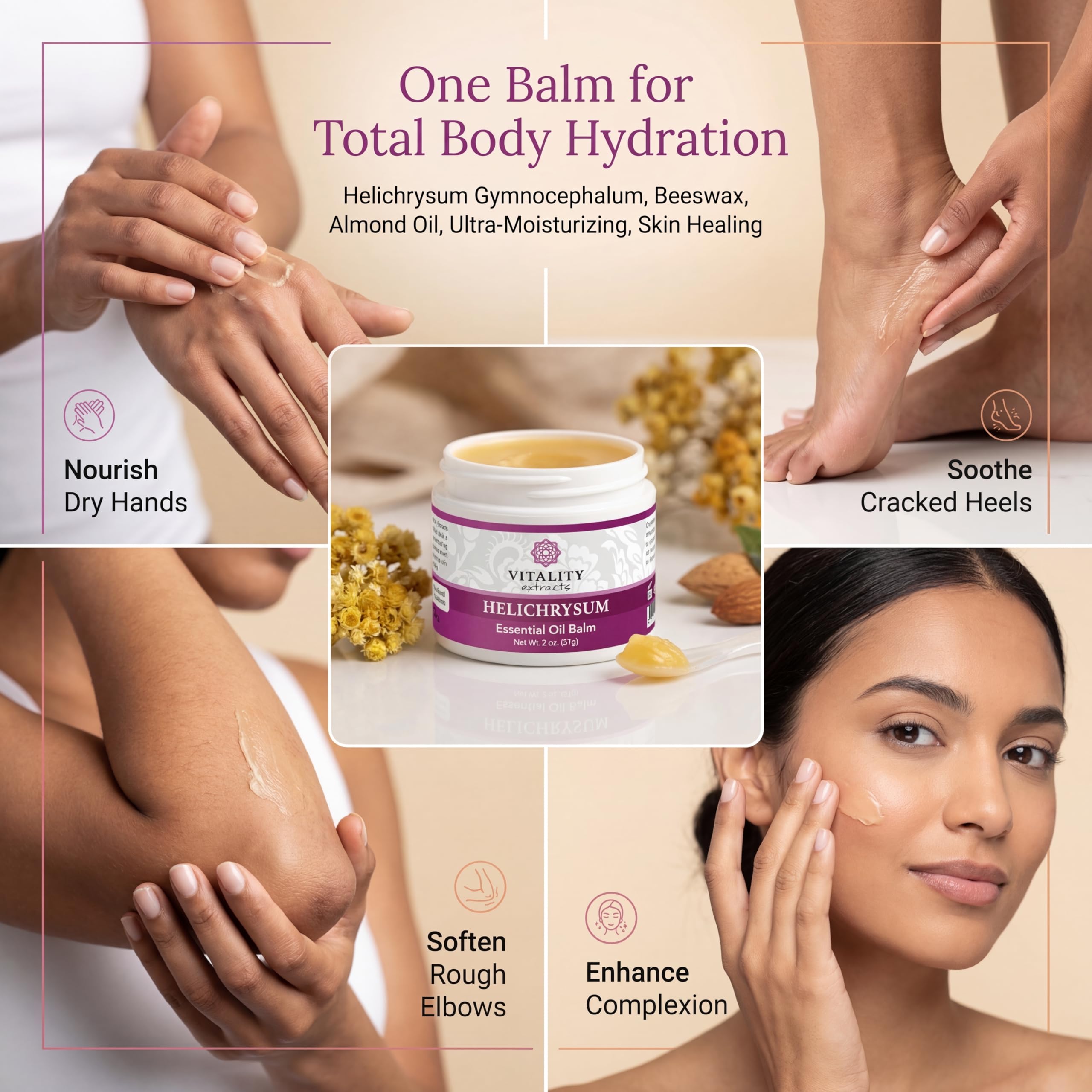 Applying Vitality balm to hands to demonstrate long-lasting hydration benefit