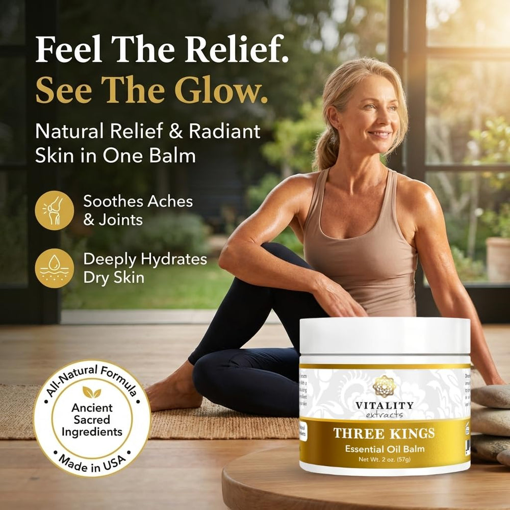 Vitality Three Kings ingredients display with frankincense myrrh sandalwood benefits