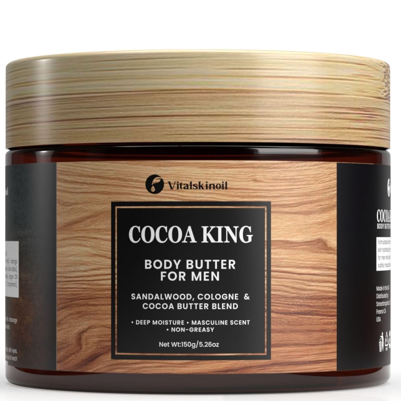 VITALSKINOIL jar front view showing cocoa king butter for confident grooming