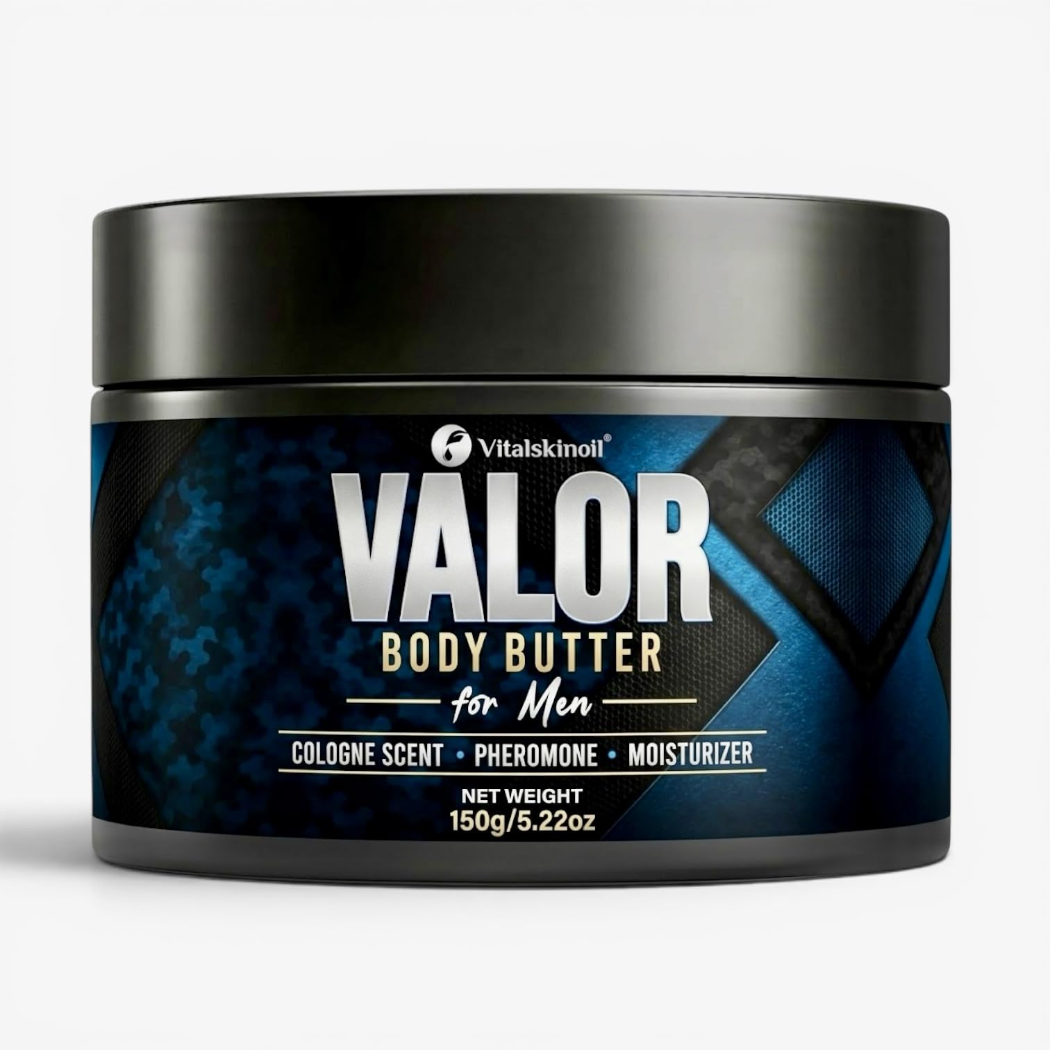 VITALSKINOIL front jar showing masculine packaging and quick identification benefit