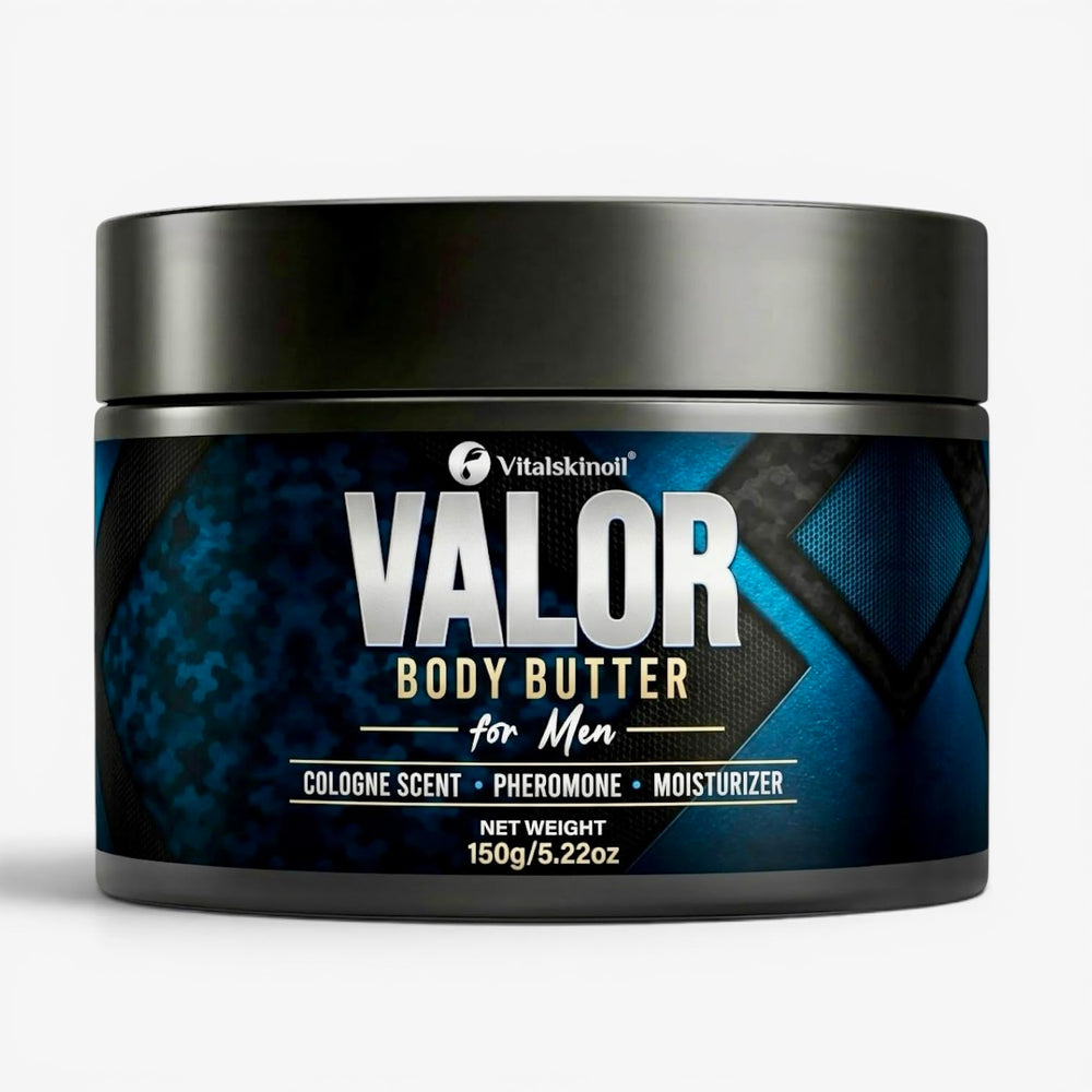 VITALSKINOIL front jar showing masculine packaging and quick identification benefit