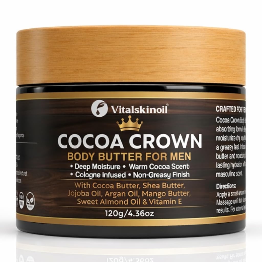 VITALSKINOIL front jar showing label and cocoa-cologne scent for confident grooming