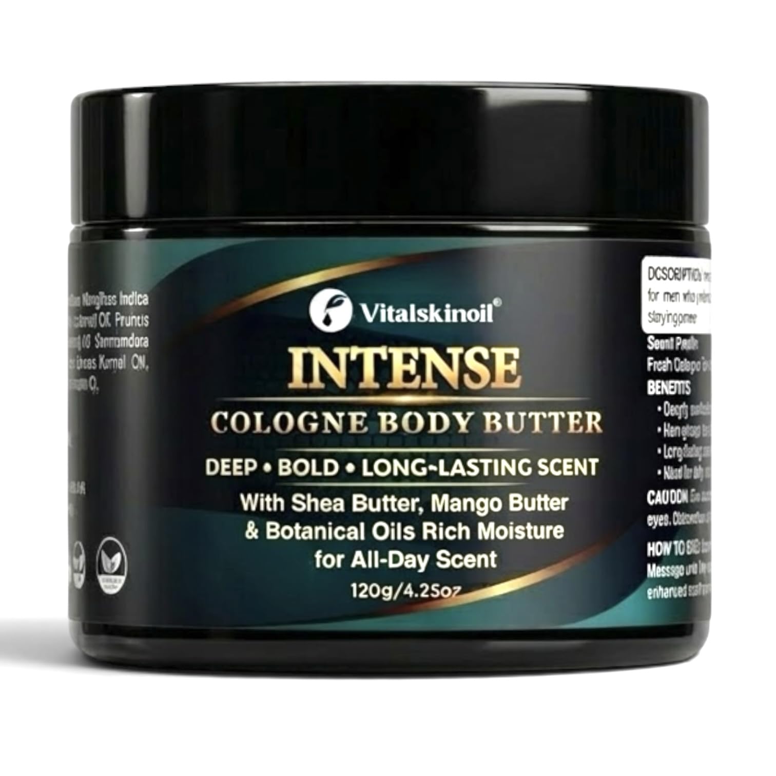 VITALSKINOIL front jar showing label and masculine packaging for grooming