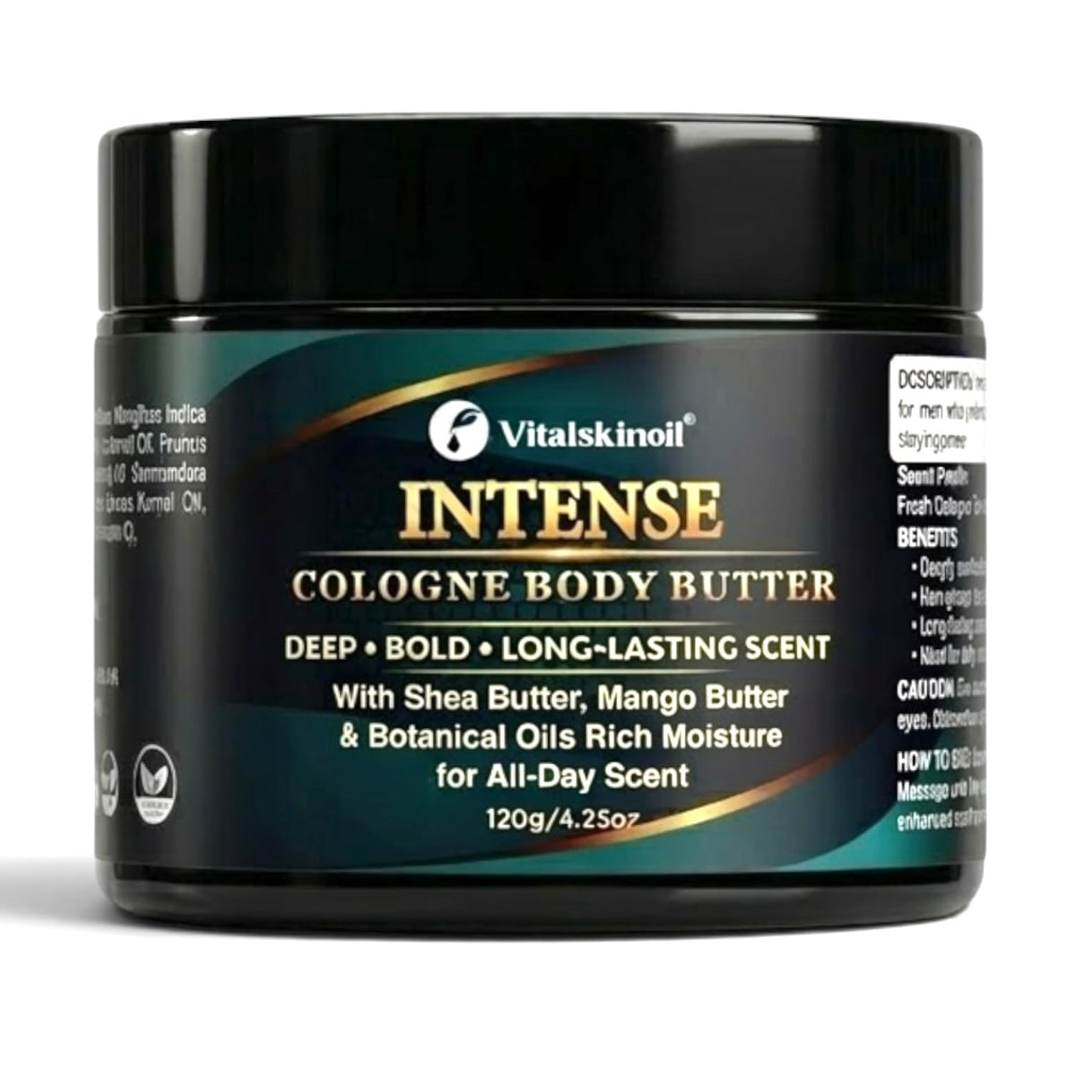 VITALSKINOIL front jar showing label and masculine packaging for grooming