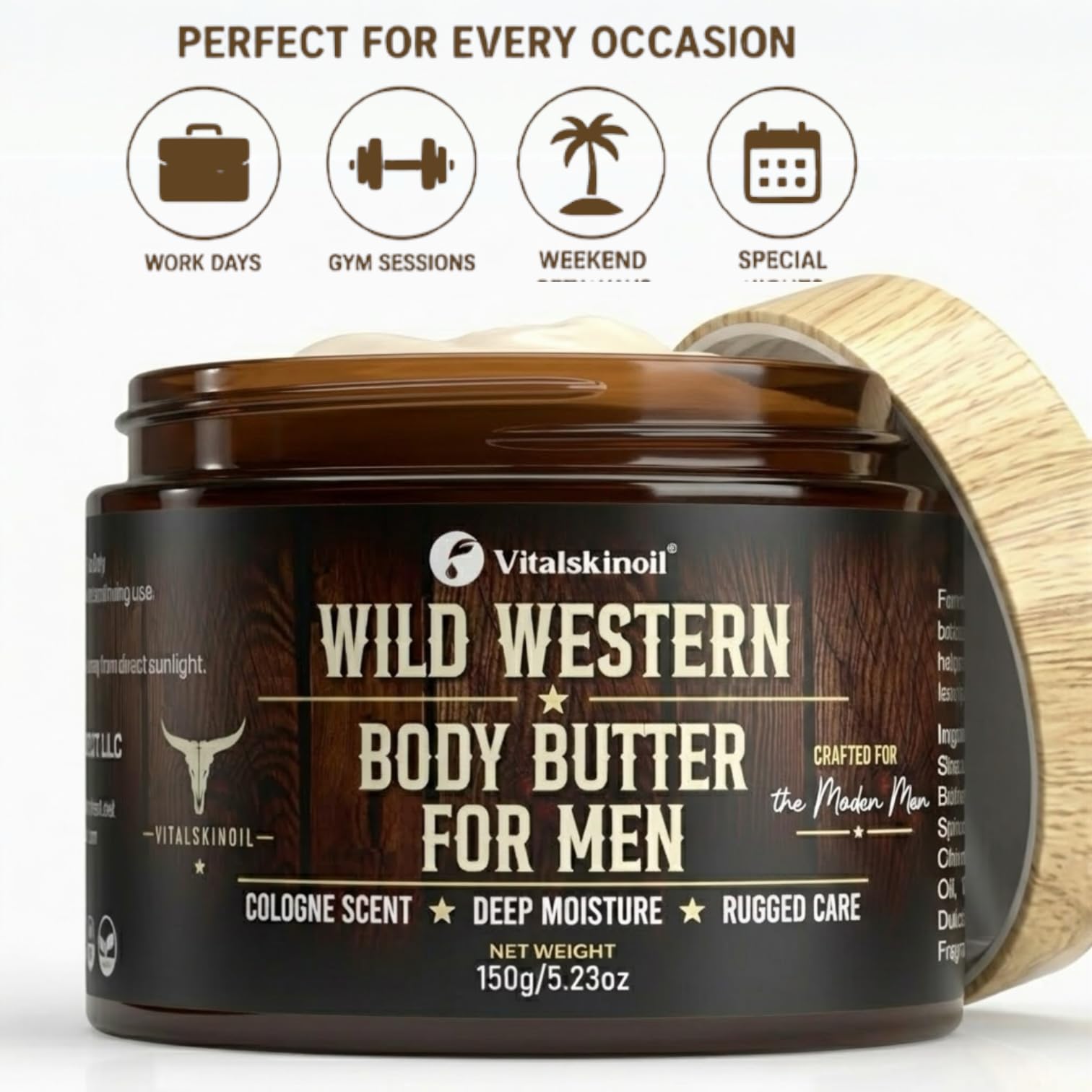 VITALSKINOIL jar beside toiletries to show travel-ready size and everyday use