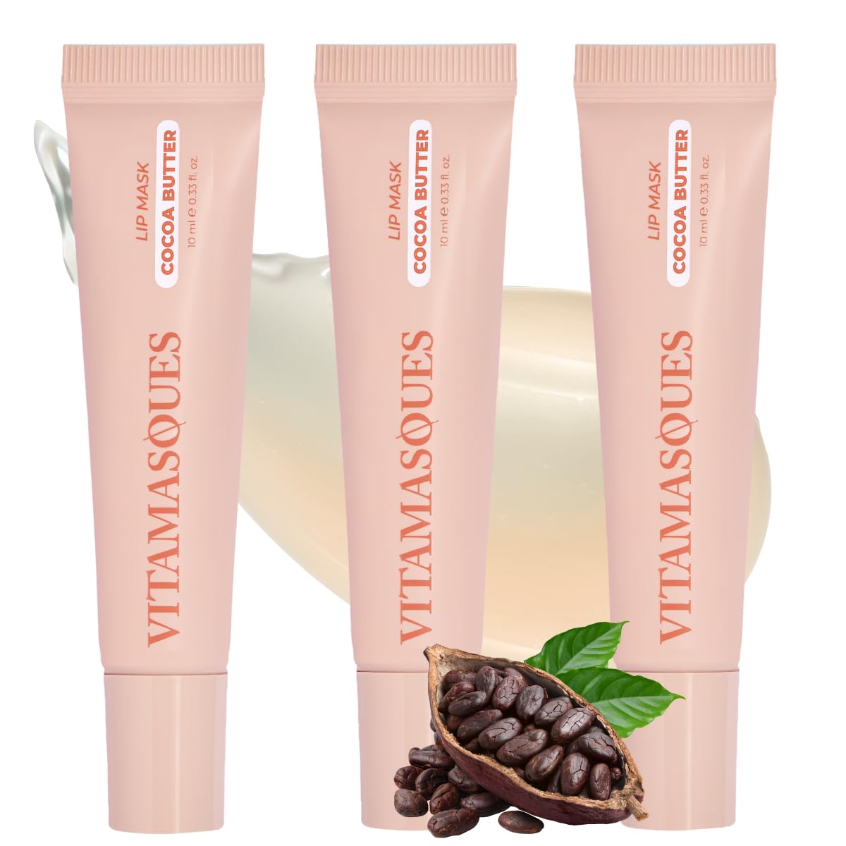 Vitamasques front packaging showing cocoa butter lip mask, promotes deep hydration