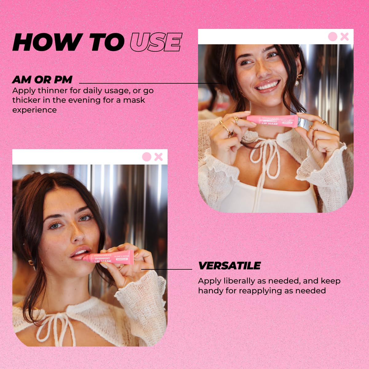 Vitamasques being applied to lips demonstrating overnight smoothing benefit
