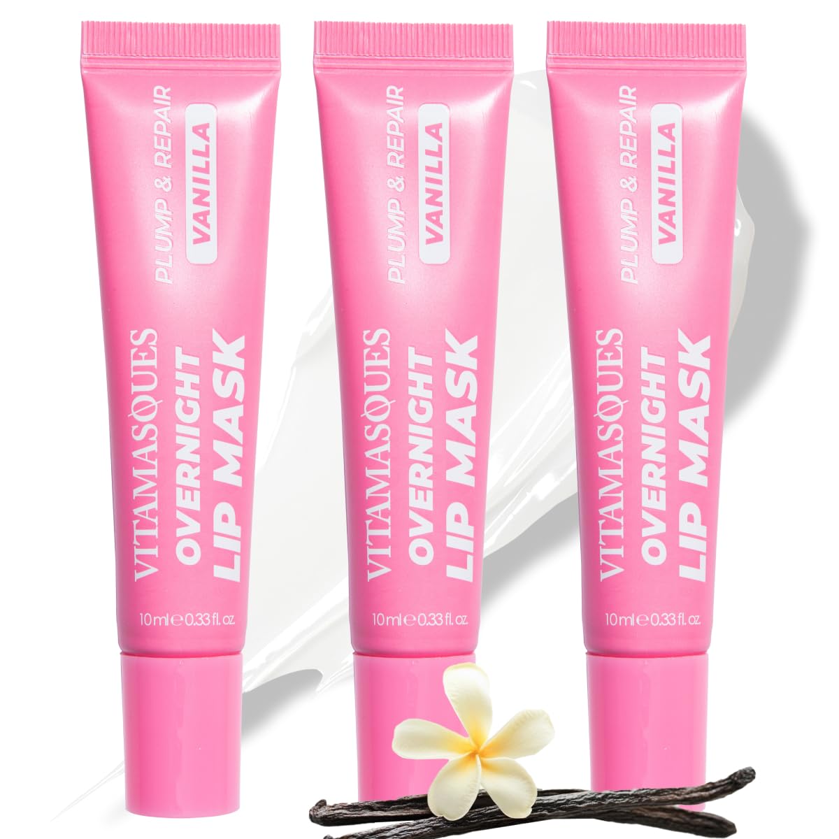 Vitamasques front packaging showing three vanilla lip mask tubes and benefits
